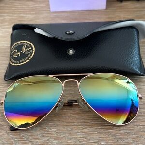 Ray-Ban Gold Frame Sunglasses with Rainbow Mirrored Lenses